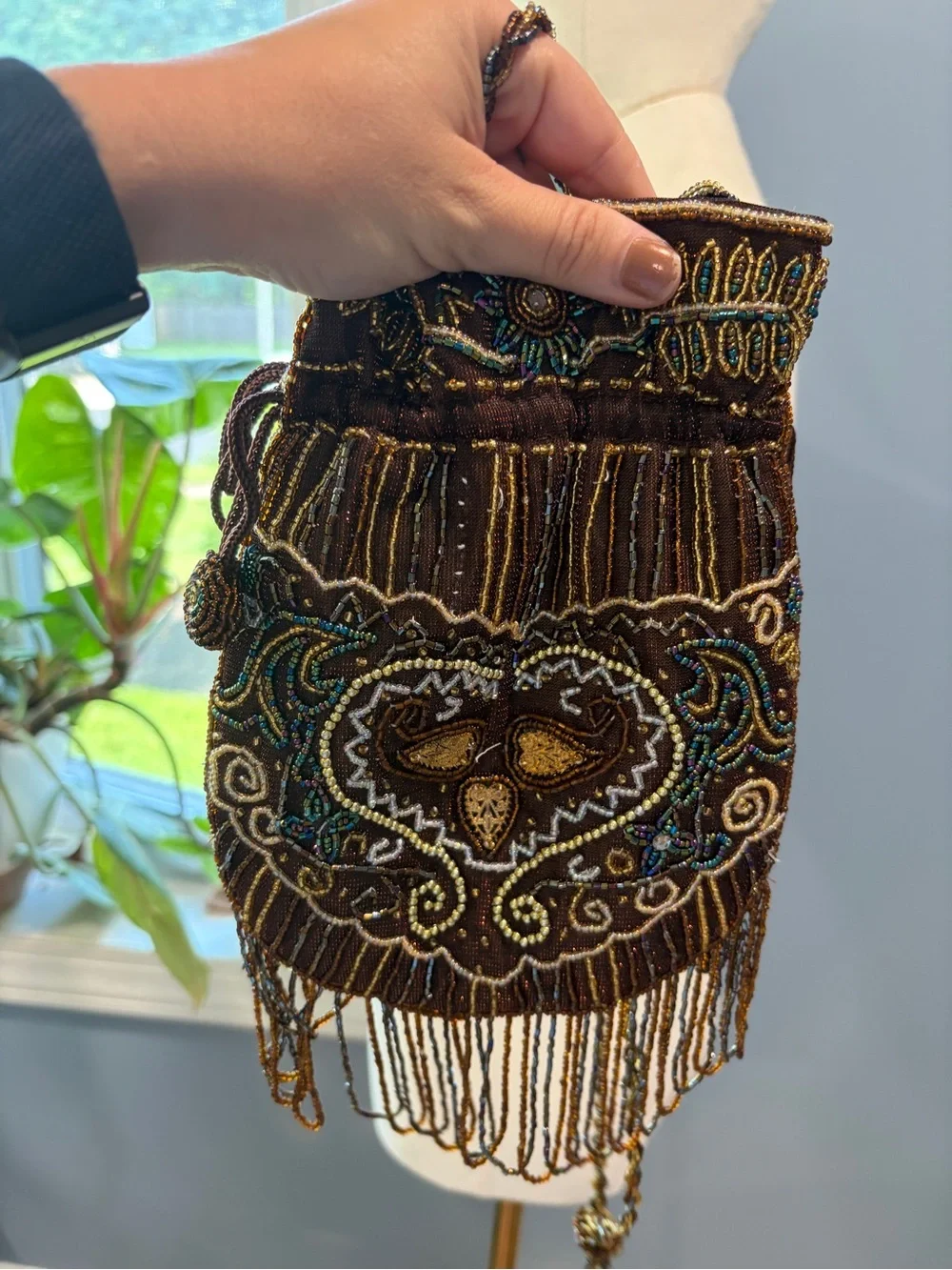Vintage Hand Beaded Drawstring Purse Brown Fringe Evening Bag Boho